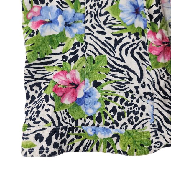 Vintage Hawaiian Cardigan Womens PL Large Petite 100% Linin Hibiscus Zebra Print - Picture 8 of 16